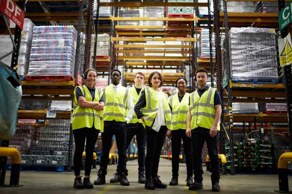 Group portrait of staff at distribution warehouse, low angle