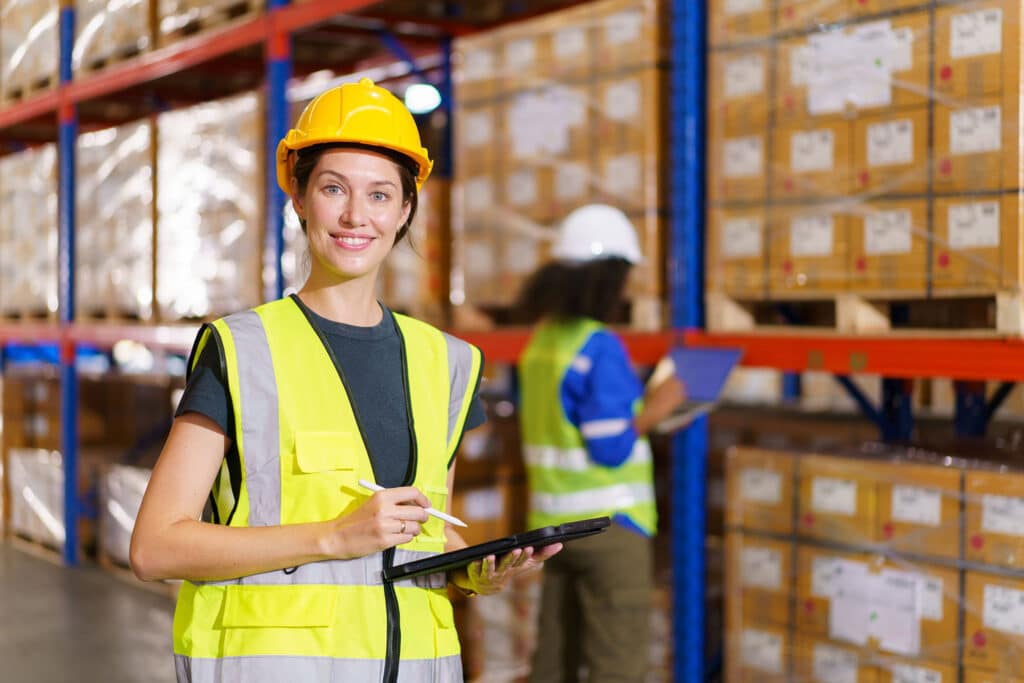 Happy cheerful caucasian white female warehouse worker checking or inspecting a stock inventory in warehouse. Professional occupation in logistic industrial concept